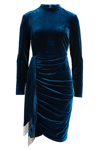 Shop Tahari Asl Beaded Drape Long Sleeve Stretch Velvet Sheath Dress In River Blue