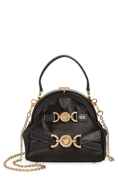 Shop Versace Small La Medusa Top Handle Satin Clutch In Black- Gold