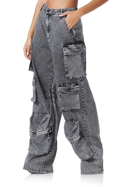 Shop Afrm Parker Wide Leg Cargo Jeans In Black Acid Wash
