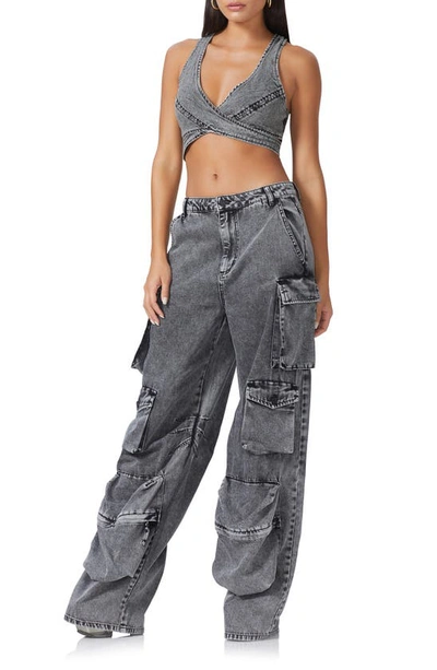 Shop Afrm Parker Wide Leg Cargo Jeans In Black Acid Wash