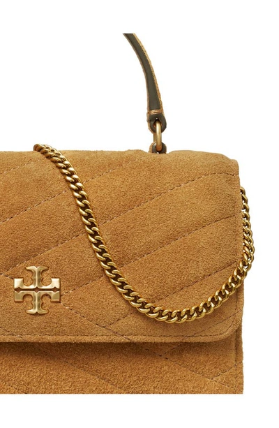 Shop Tory Burch Mini Kira Chevron Quilted Suede Top Handle Bag In Dark Tiramisu