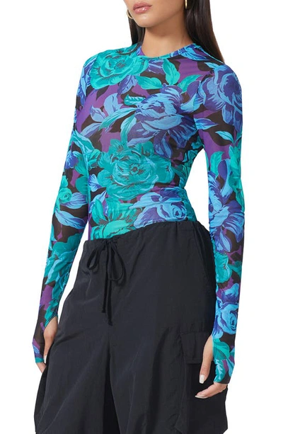 Afrm Kaylee Print Mesh Top In Garden Bloom Violet