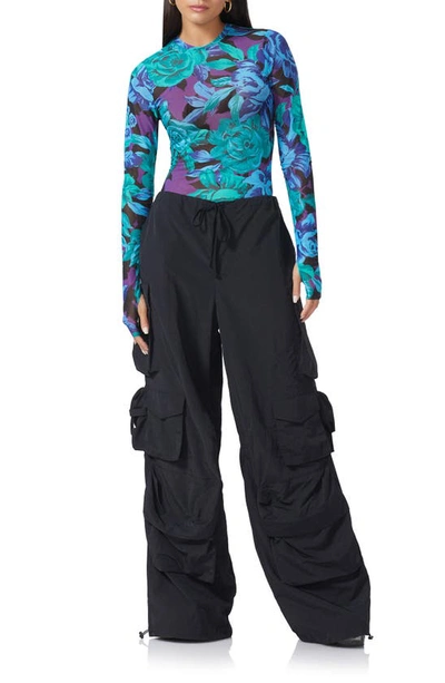 Afrm Kaylee Print Mesh Top In Garden Bloom Violet