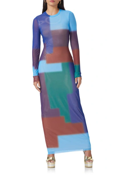 Shop Afrm Didi Long Sleeve Mesh Maxi Dress In Blue Block Geo