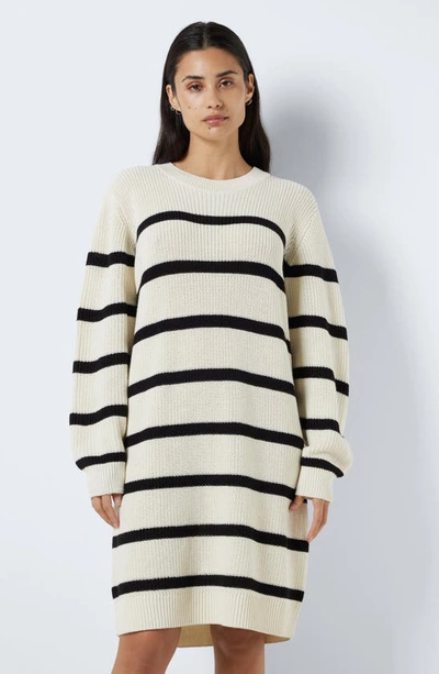 Shop Noisy May Maysa Stripe Long Sleeve Relaxed Sweater-dress In Eggnog Stripes Black