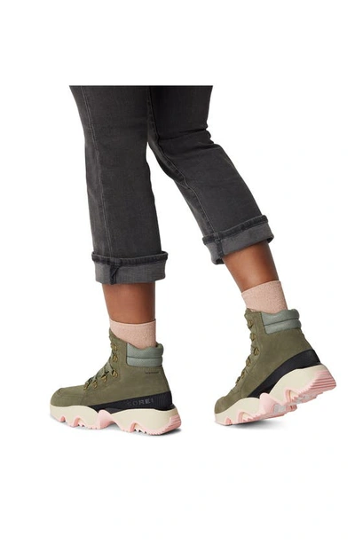 Shop Sorel Kinetic Impact Conquest Waterproof Sneaker Bootie In Stone Green/ Chalk