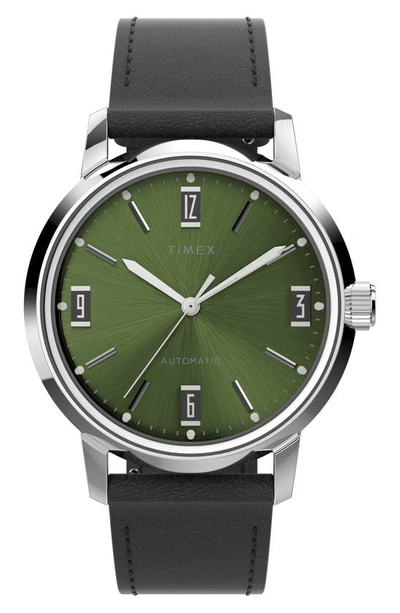 Shop Timex Marlin Automatic Leather Strap Watch, 40mm In Silver/ Green/ Black