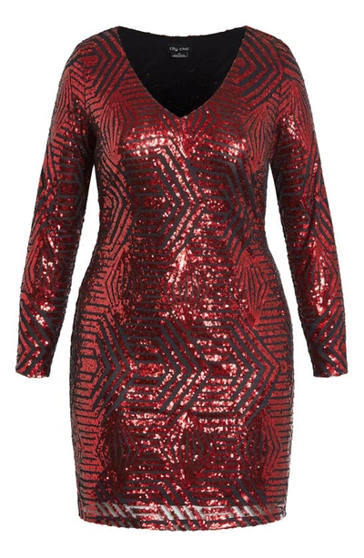 Shop City Chic Bright Lights Sequin V-neck Long Sleeve Dress In Ruby