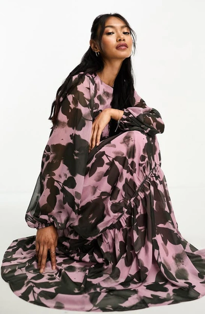 Shop Asos Design Floral Channel Waist Long Sleeve Maxi Dress In Purple Multi