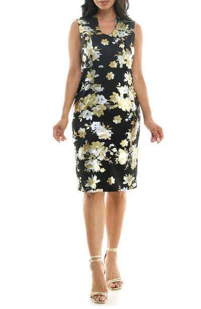 Nina Leonard Floral Foil Midi Dress In Black/ Gold/ Silver