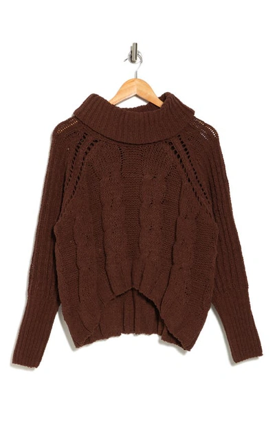 Dr2 By Daniel Rainn Turtleneck Crop High-low Sweater In Chocolate