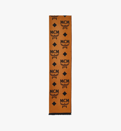 Shop Mcm Contrast Monogram Jacquard Stole In Resilk In Cognac And Black