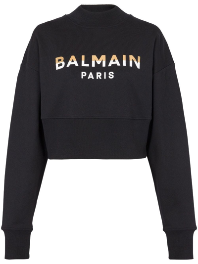 Shop Balmain Black Crop Sweatshirt With Logo Print In Nero