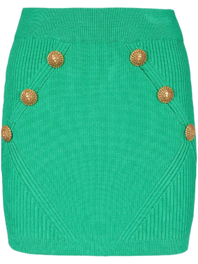 Shop Balmain Green Ribbed Knit Miniskirt