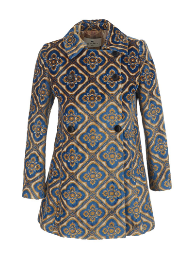Shop Etro Double-breasted Jacquard Velvet Coat In Blue