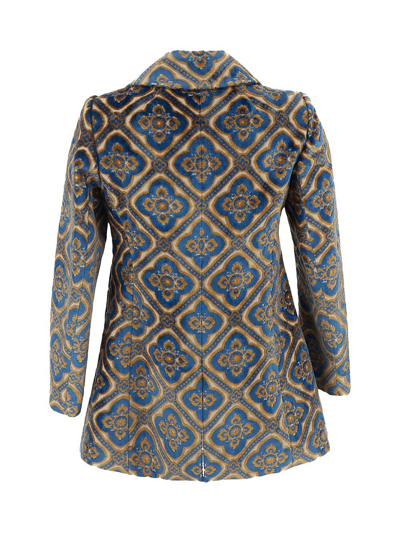 Shop Etro Double-breasted Jacquard Velvet Coat In Blue