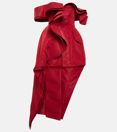 Shop Alexander Mcqueen Gathered Asymmetric Faille Gown In Red