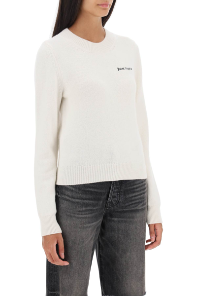 Shop Palm Angels Cropped Sweater With Logo Embroidery Women In White