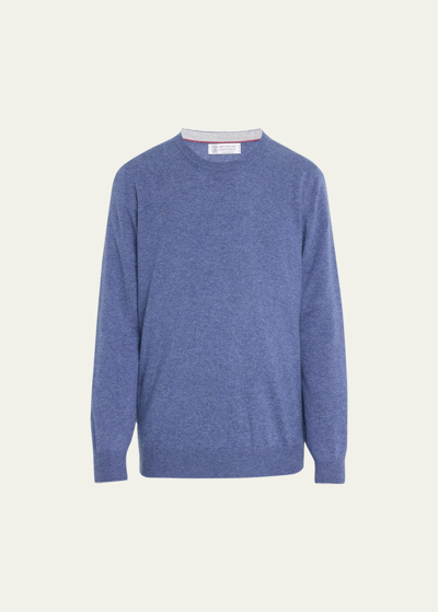 Shop Brunello Cucinelli Men's Cashmere Crewneck Sweater In Cli69 Mid Blue