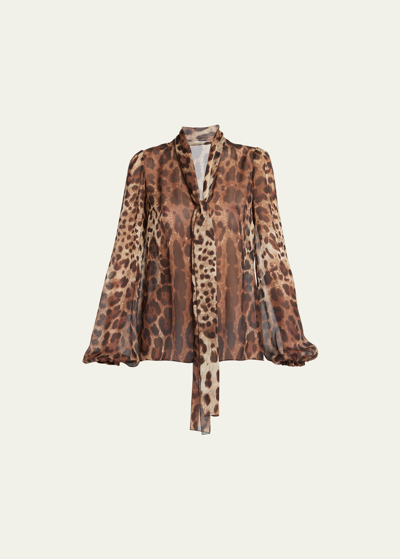 Shop Dolce & Gabbana Leopard Print Tie-neck Chiffon Blouse In Ltbrownprt