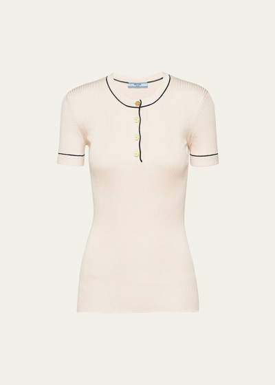 Shop Prada Silk Knit Ribbed Shirt With Contrast Tipping In F0018 Naturale