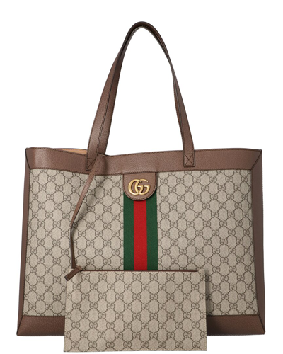 Shop Gucci Ophidia Medium Gg Supreme Canvas & Leather Tote In Brown