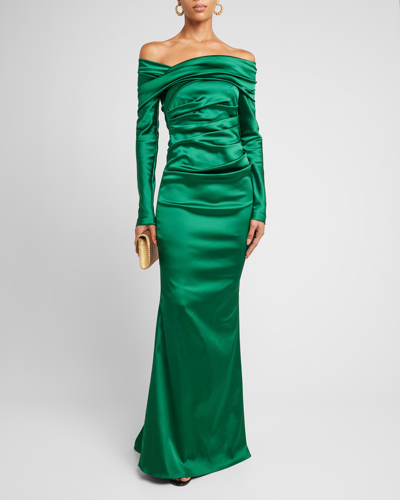 Shop Talbot Runhof Draped Off-the-shoulder Stretch Satin Duchesse Gown In Emerald Green