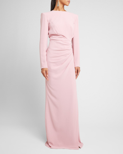 Shop Zuhair Murad Long-sleeve Strong-shoulder Draped Cady Gown In Rose Tan