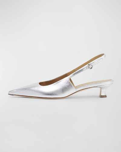 Shop Aeyde Catrina Leather Kitten-heel Slingback Pumps In Silver