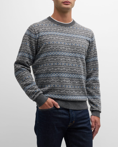 Shop Peter Millar Men's Conway Wool-cashmere Fair Isle Crewneck Sweater In Iron