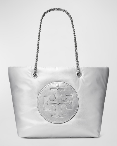 Shop Tory Burch Ella Metallic Puffy Chain Tote Bag In Silver