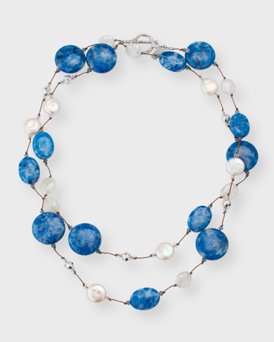 Shop Margo Morrison Denim Lapis, Coated Moonstone, Pyrite And Coin Pearl Necklace, 35"l In Blue