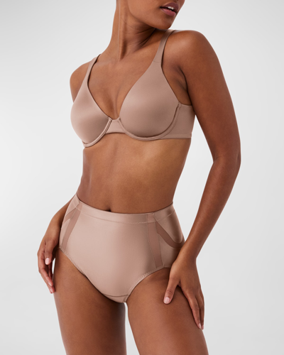 Shop Spanx High-rise Lifting Stretch Satin Briefs In Cafe Au Lait