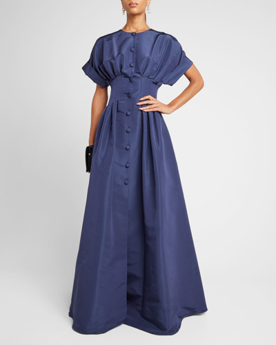 Shop Carolina Herrera Corset-waist Short-sleeve Button-front Gown In Midnight