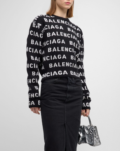 Shop Balenciaga Bal Horizontal Allover Cropped Sweater In 1070 Black/white