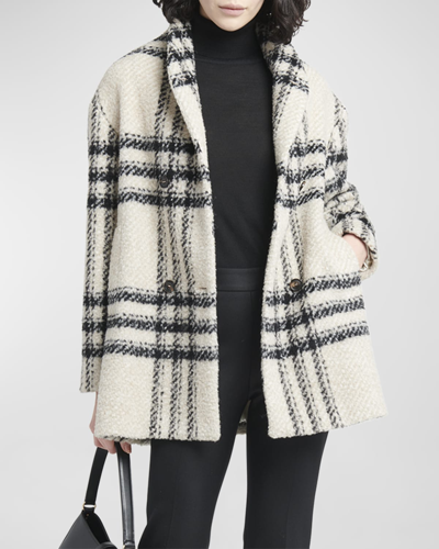 Shop Kiton Plaid Fuzzy Double-breasted Coat In Cream