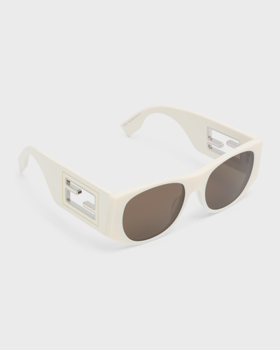 Shop Fendi Baguette Acetate Oval Sunglasses In Ivry/brn