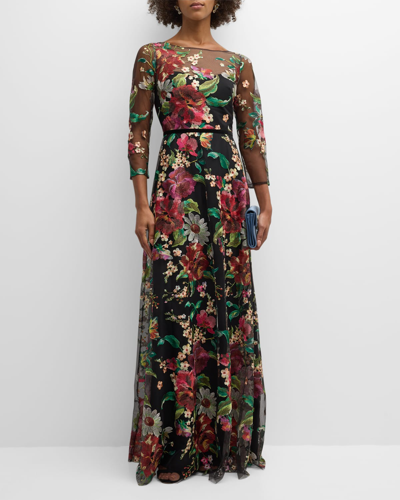 Shop Marchesa Notte Bateau-neck Floral-embroidered Gown In Black