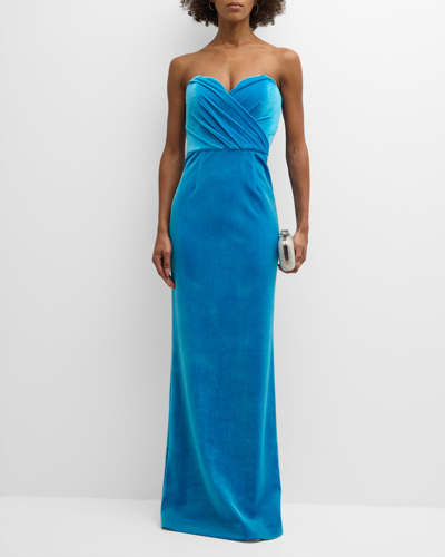 Shop Rebecca Vallance Bernadette Strapless Velvet Column Gown In Blue