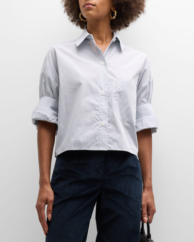 Shop Twp The Next Ex Cropped Cotton Button-front Shirt In White / Grey / Bl