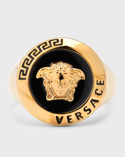 Shop Versace Men's Enamel Medusa Signet Ring In  Gold Blac