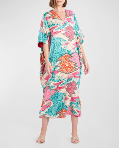 Shop Natori Orient Express Floral-print Charmeuse Caftan In Teal Combo