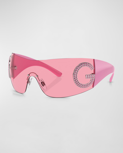 Shop Dolce & Gabbana Embellished Logo Acetate Wrap Sunglasses In Pink