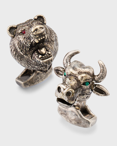 Shop Tateossian Men's Bear And Bull Mechanical Cufflinks With Swarovski Crystal In Silver