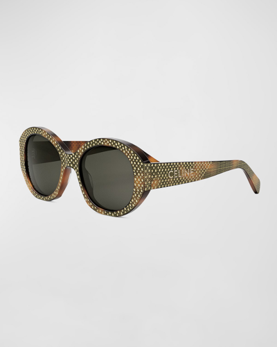 Shop Celine Embellished Brown Acetate Round Sunglasses In Colhav/smk
