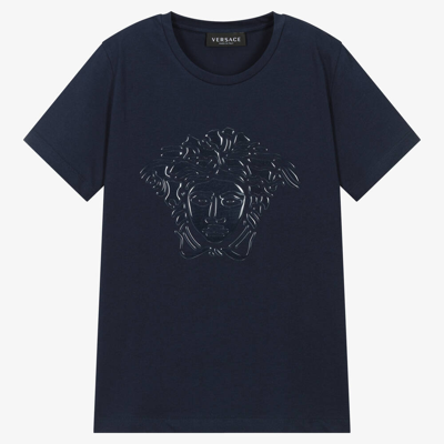 Shop Versace Teen Boys Navy Blue Medusa T-shirt