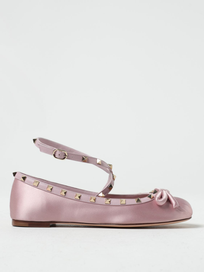 Shop Valentino Rockstud Ballet Flat In Satin With Studs In Blush Pink