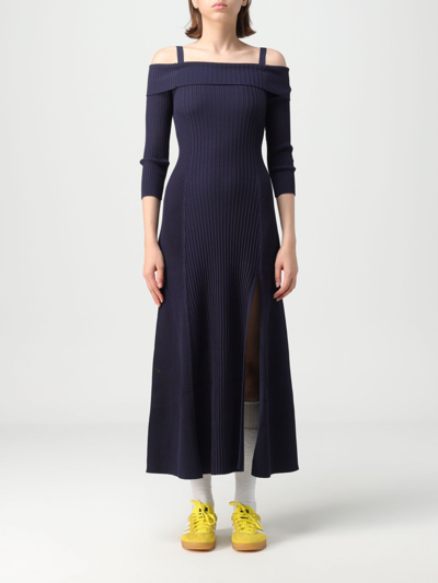 Shop Ganni Dress In Stretch Fabric In Navy