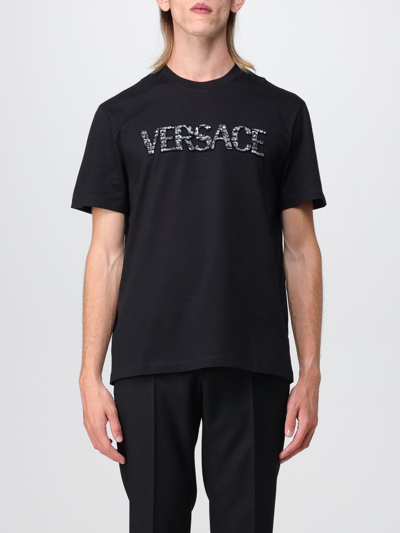 Shop Versace Cotton T-shirt With Crocodile Print Logo In Black