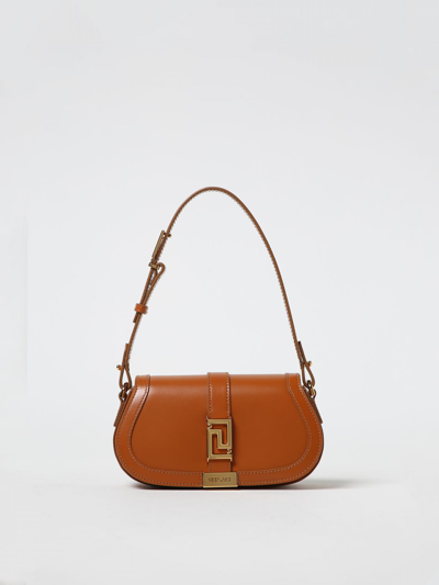 Shop Versace Greca Goddess Bag In Smooth Leather In Brown